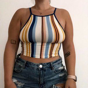 Forever 21 Striped High Neck Crop Tank Top, Medium